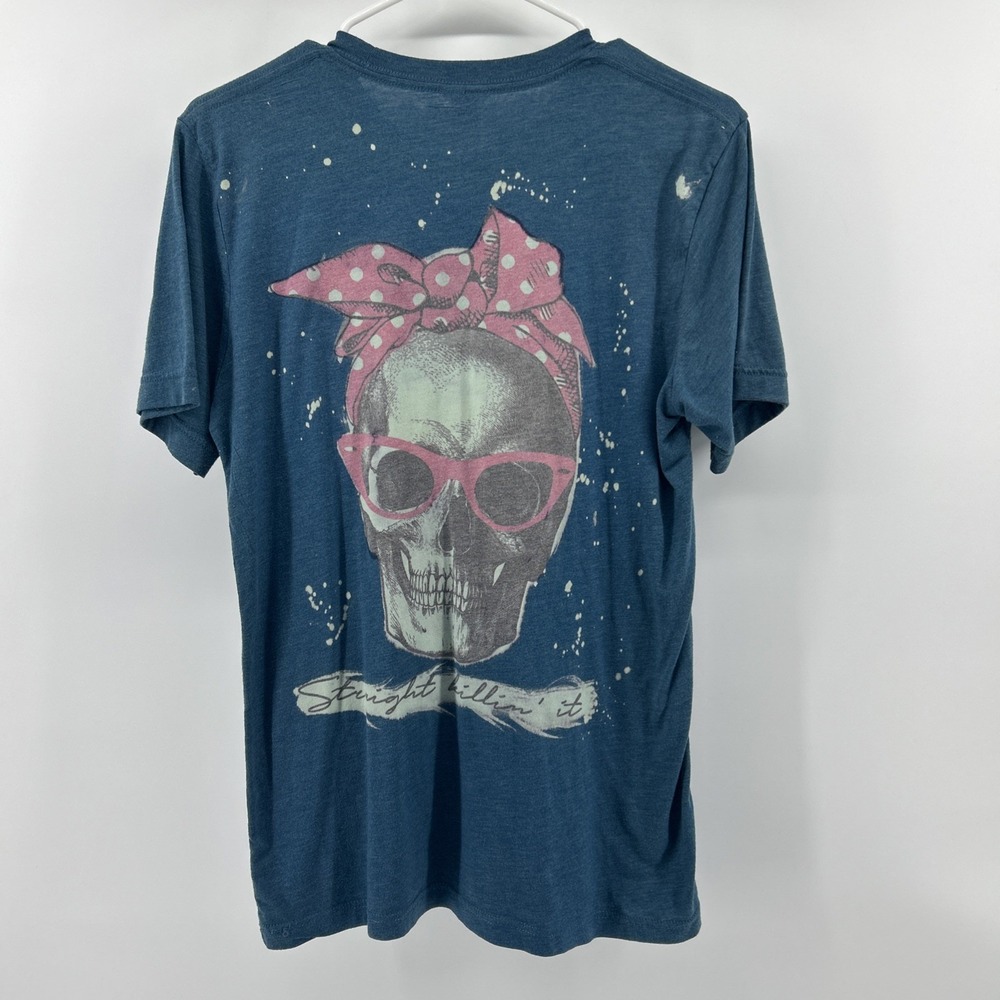 Skull T-Shirt Top Women's Medium Blue & Pink Crew Casual